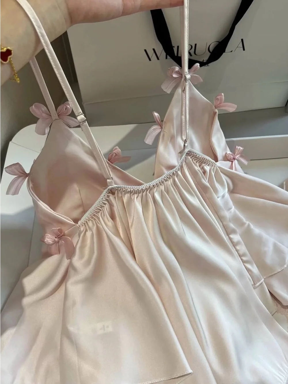 Delicate Bow Satin Cami & Short Sleep Set in Light Pink